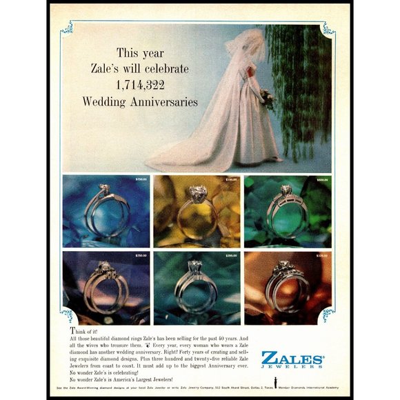 1964 Zales Jewelers Engagement Rings Wedding Dress Bride Vintage Print Ad Art - Picture 1 of 1